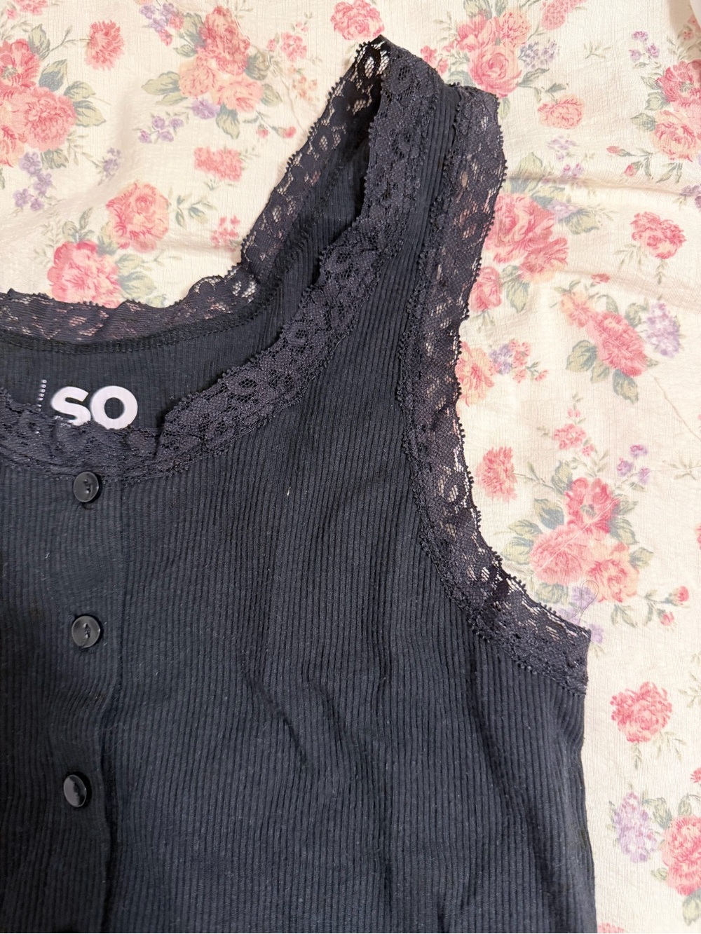 SO Black Lace-Trim Button-Front Ribbed Tank - Picture 2 of 2